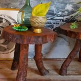 Brutalist sofa tip table in vintage solid wood