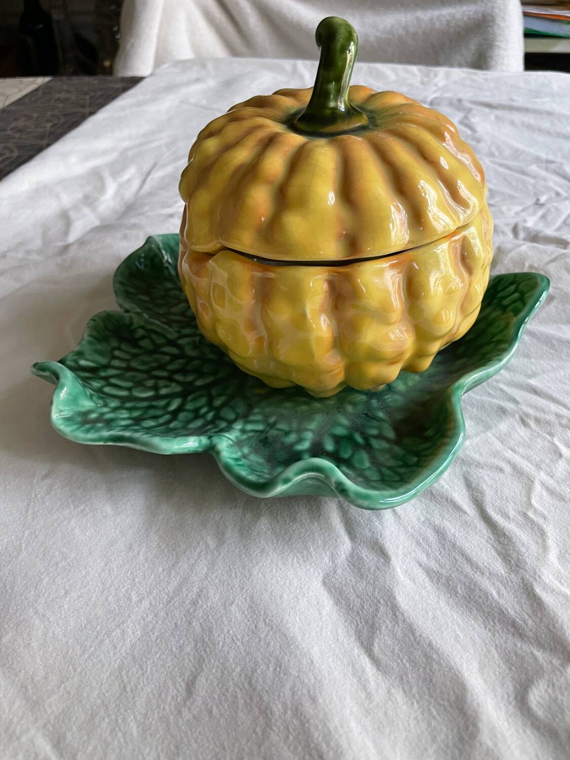 Antique majolica pumpkin jam jar
