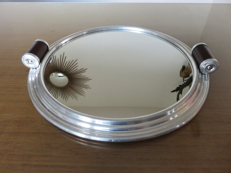 Round aluminum mirror top with wooden handles 40s 50s