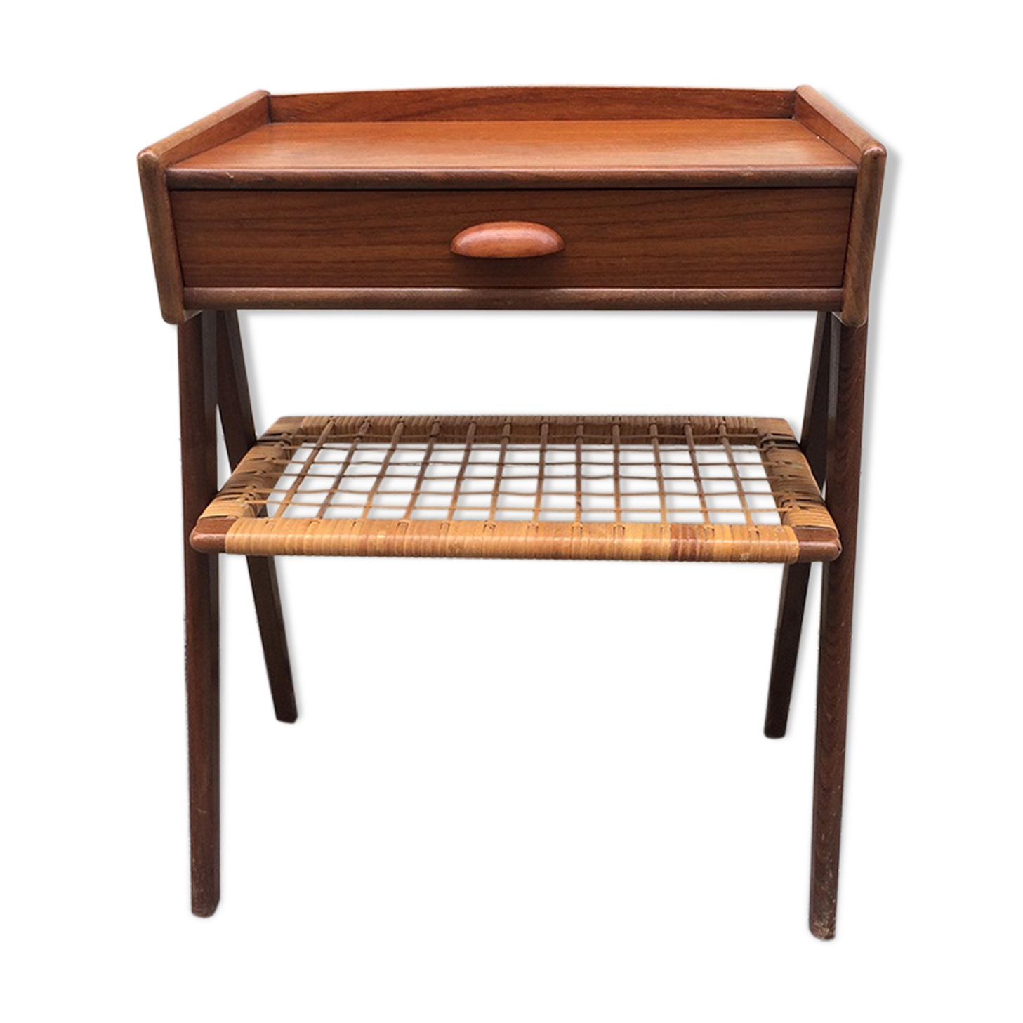 Chevet sellette bois et rotin 1950