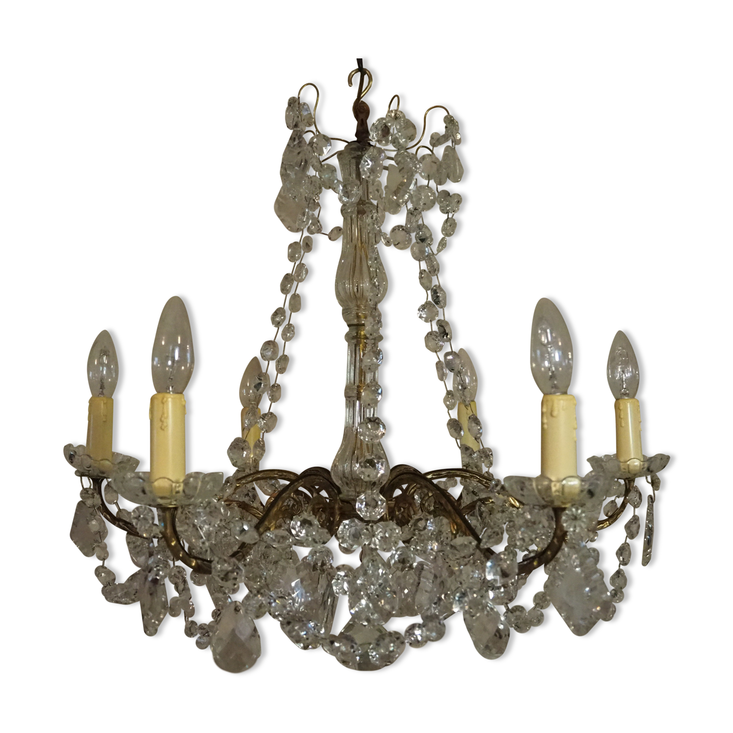 Ancient bronze and pampilles chandeliers with facets and crystal cups - old style - 6 fires
