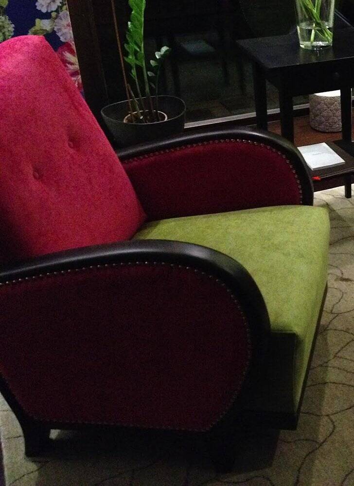 Set of 2 Art Deco armchairs in fuchsia and olive fabric, 1930s, Czech Republic.