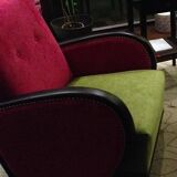 Set of 2 Art Deco armchairs in fuchsia and olive fabric, 1930s, Czech Republic.