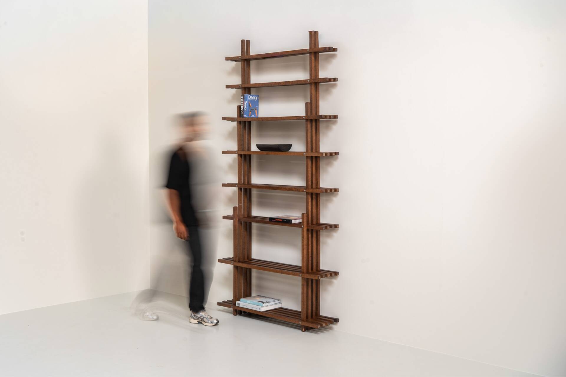 Sculptural wengé slat bookcase (Europe, 1960s).