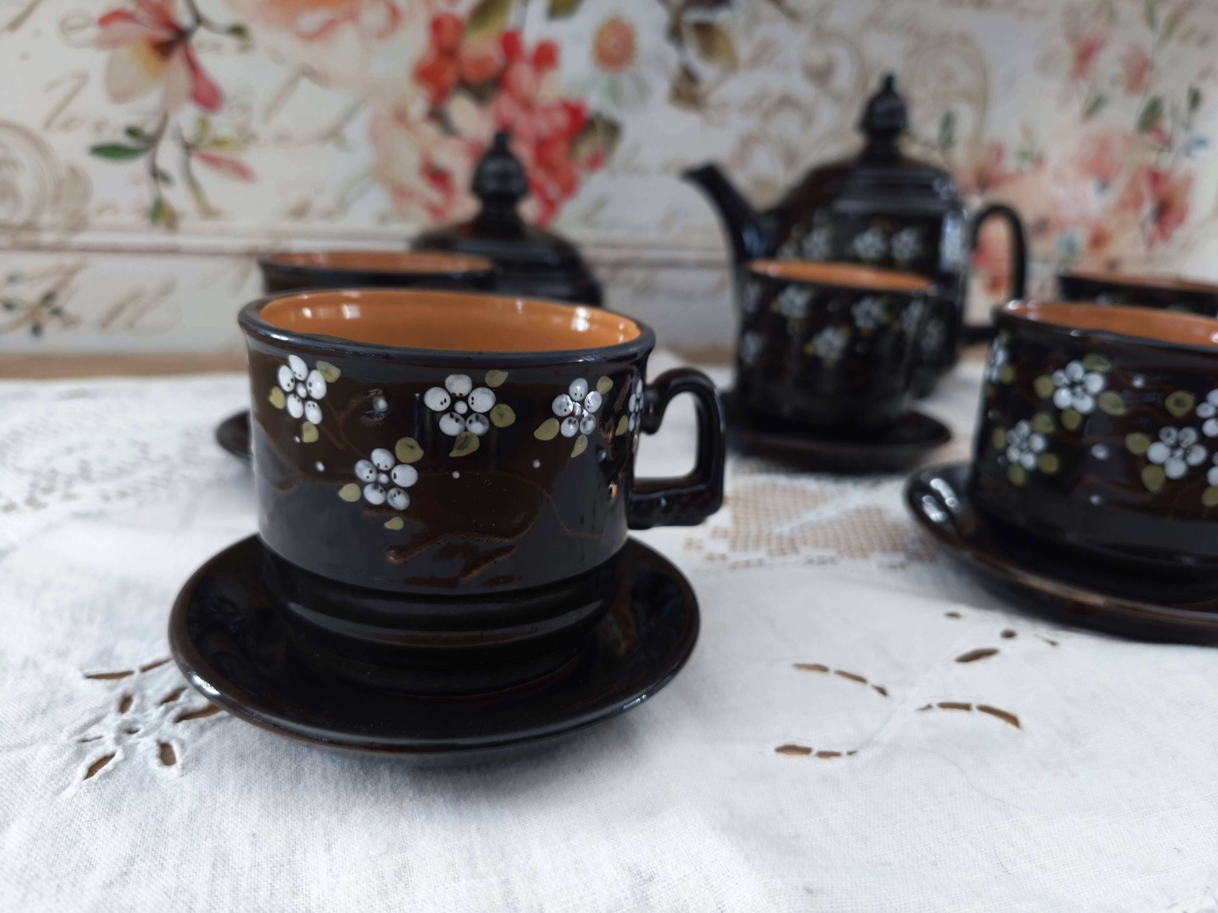 Vintage Russian tea set 14 pieces for 6 people in enamelled terracotta