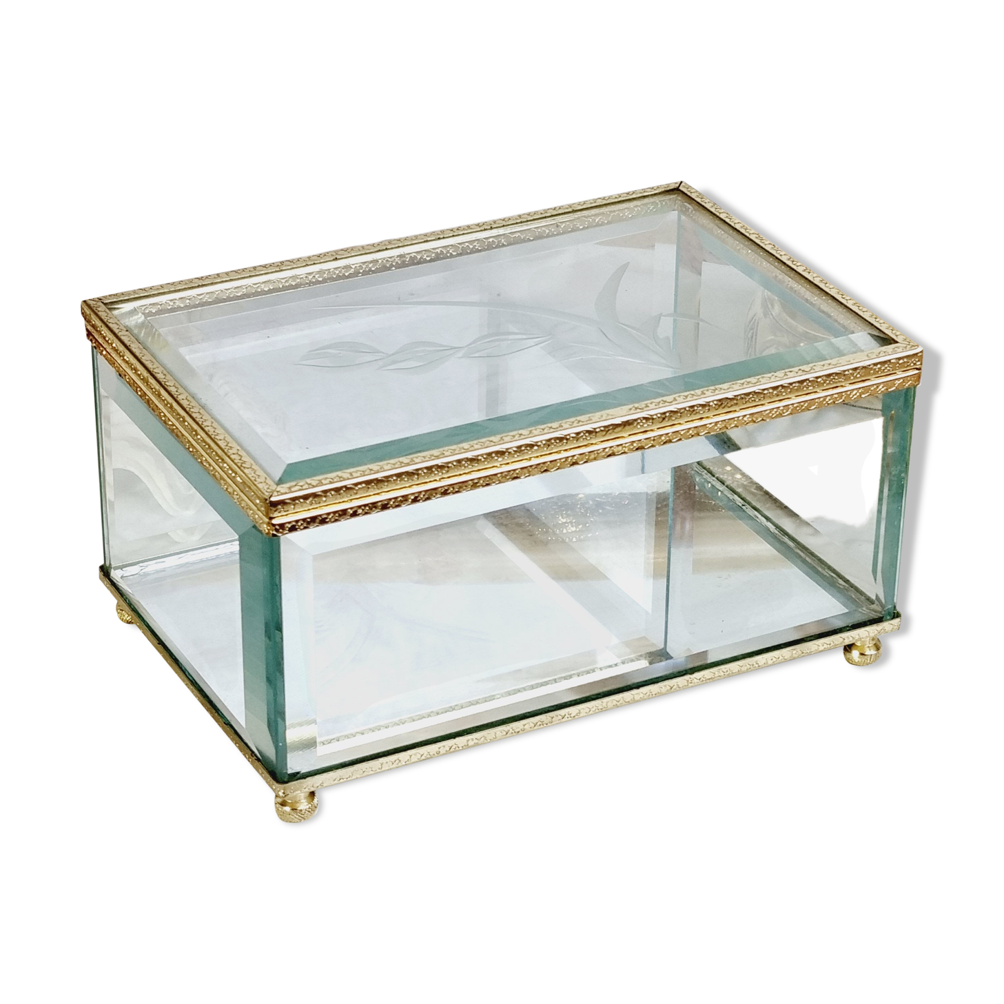 Beveled and chiseled glass and brass jewelry box