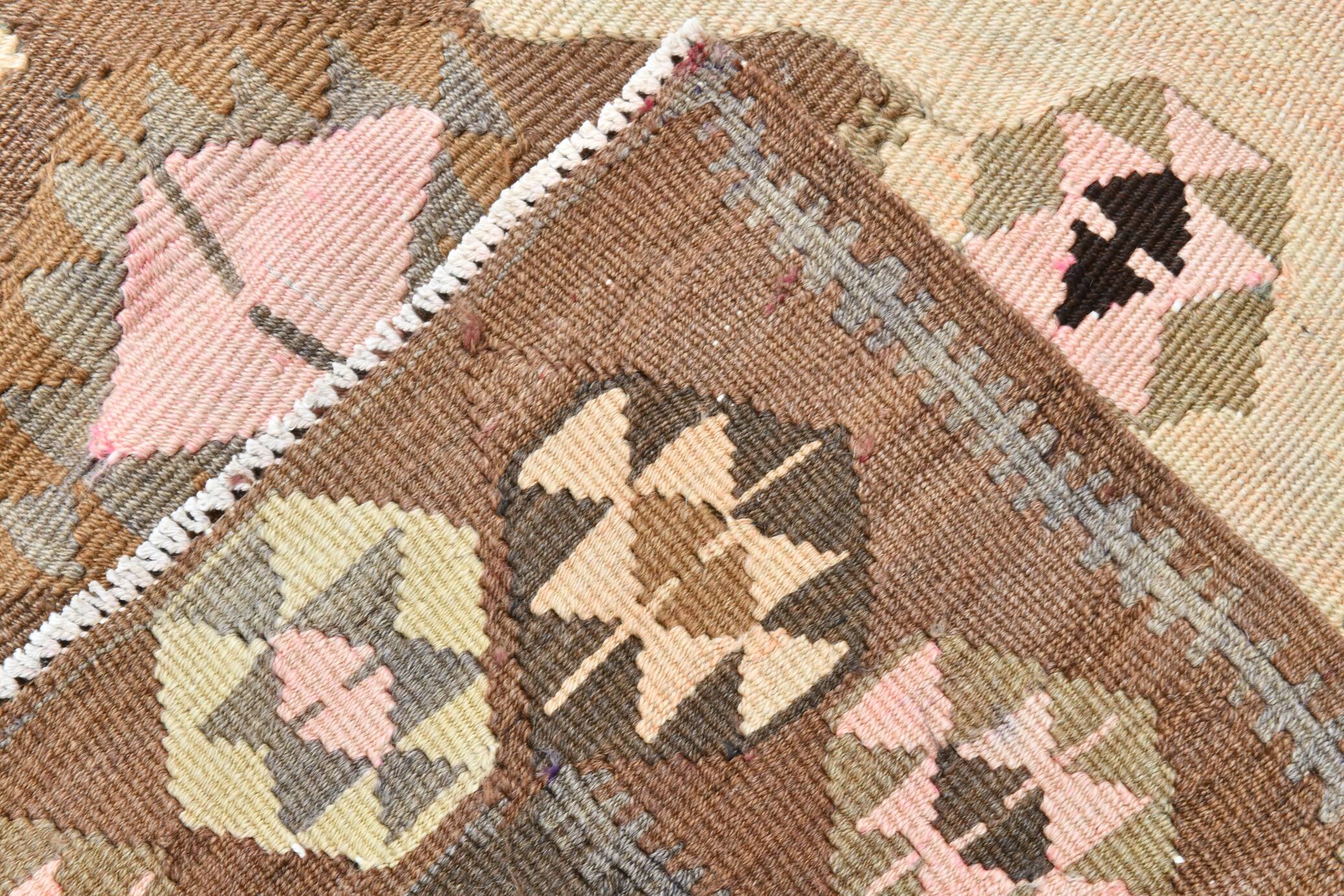 140x380Cm Brown & Grey Kilim Rug, Handmade Wool Area Rug, Stair Rug,