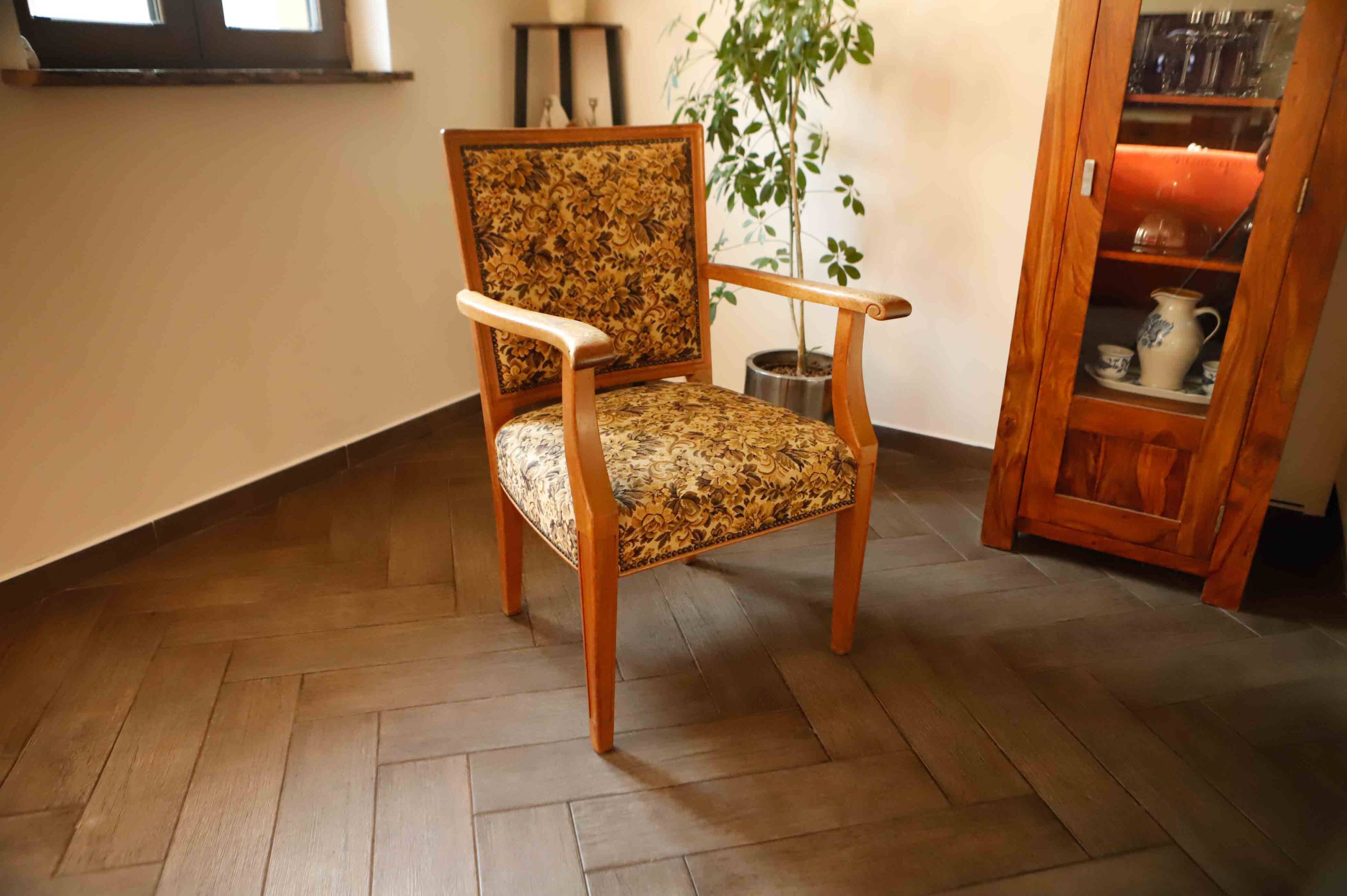 Vintage Salon Armchair with Floral Tapestry Upholstery and Scroll Armrests
