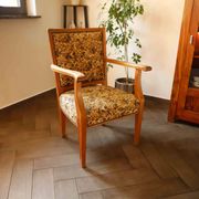 Vintage Salon Armchair with Floral Tapestry Upholstery and Scroll Armrests