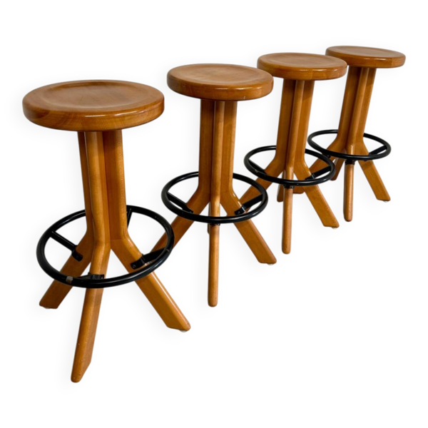 Lot 4 tabourets de bar en bois orme massif design années 70 vintage