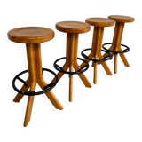 Set of 4 solid elm wood bar stools, vintage 70s design