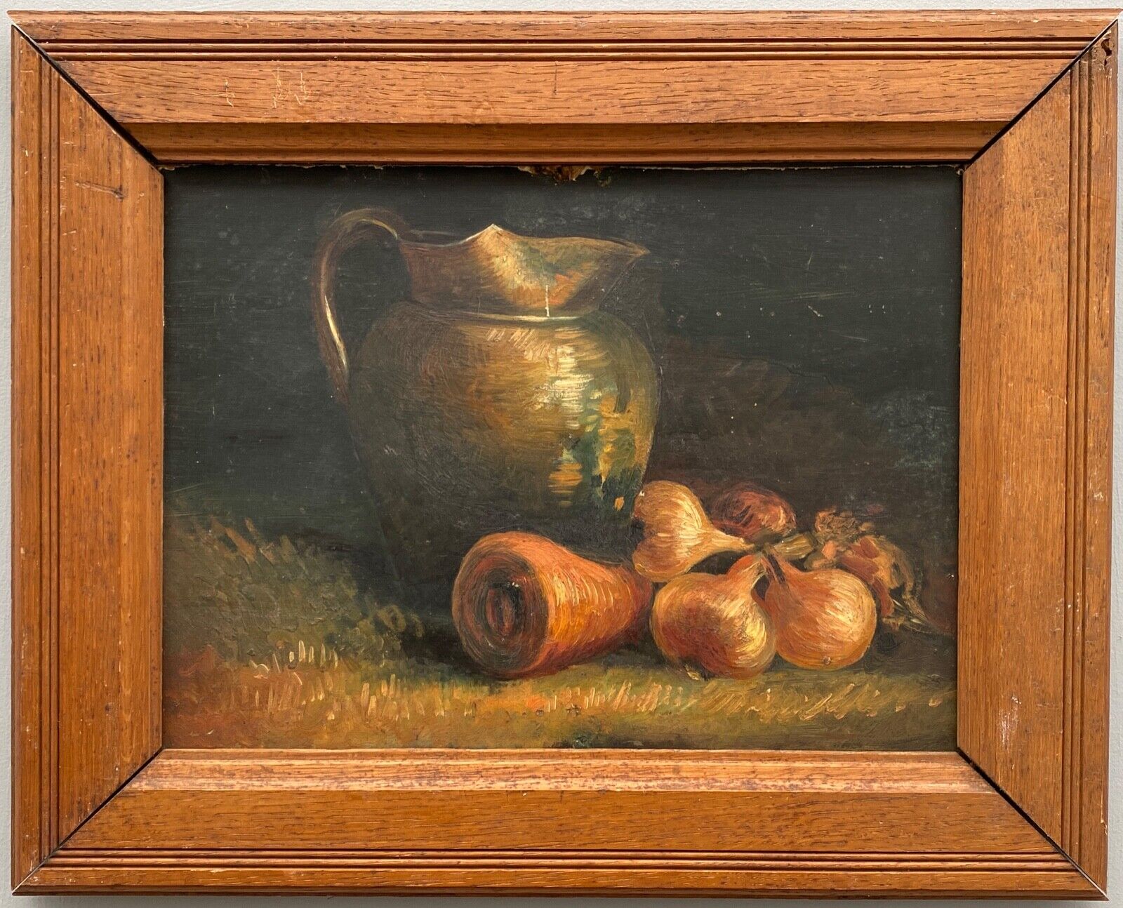 Oil on cardboard still life with pitcher and onions early twentieth century
