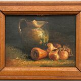 Oil on cardboard still life with pitcher and onions early twentieth century