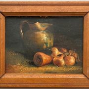 Oil on cardboard still life with pitcher and onions early twentieth century