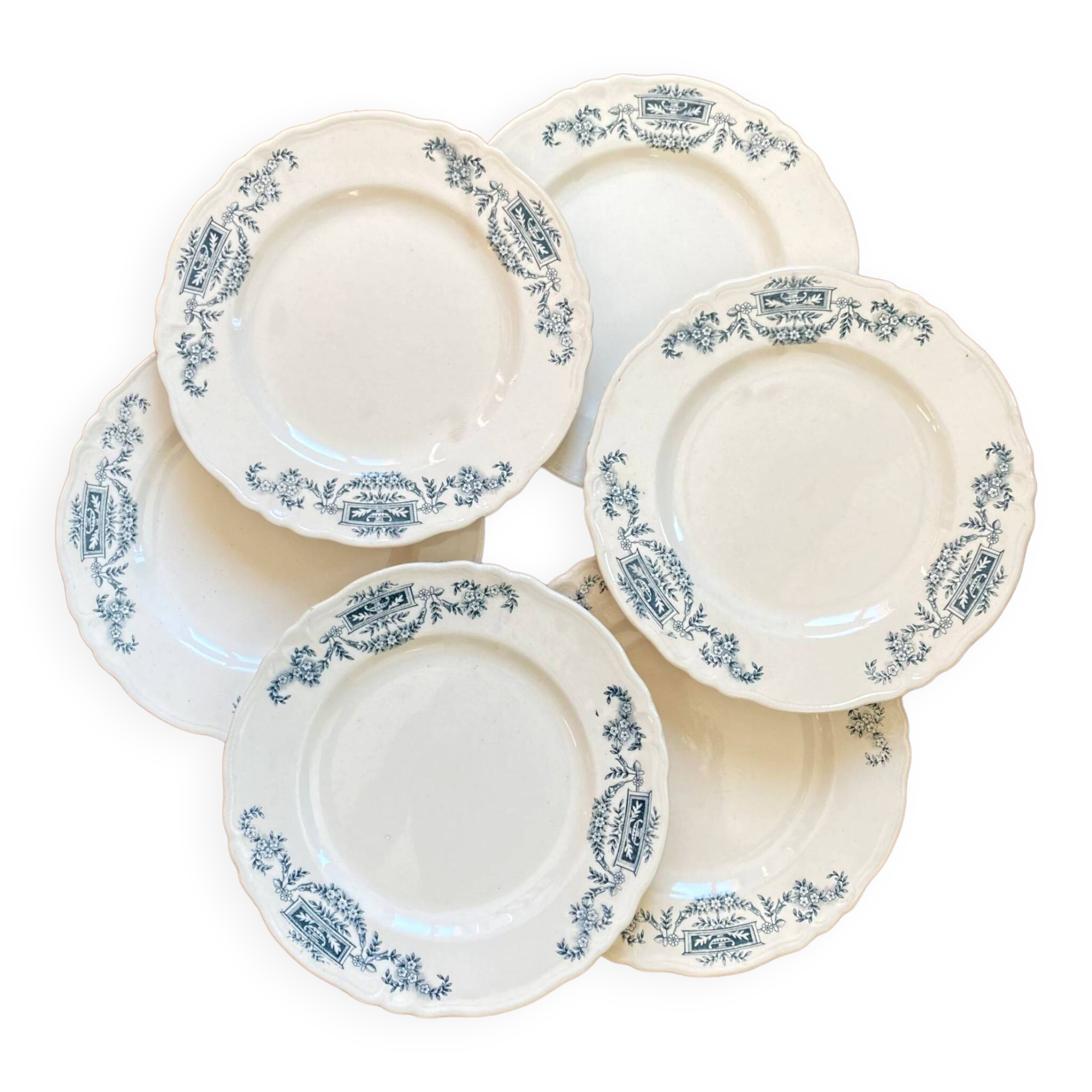 Set of 6 flat plates iron earth Longchamp model Lutetia old earthenware