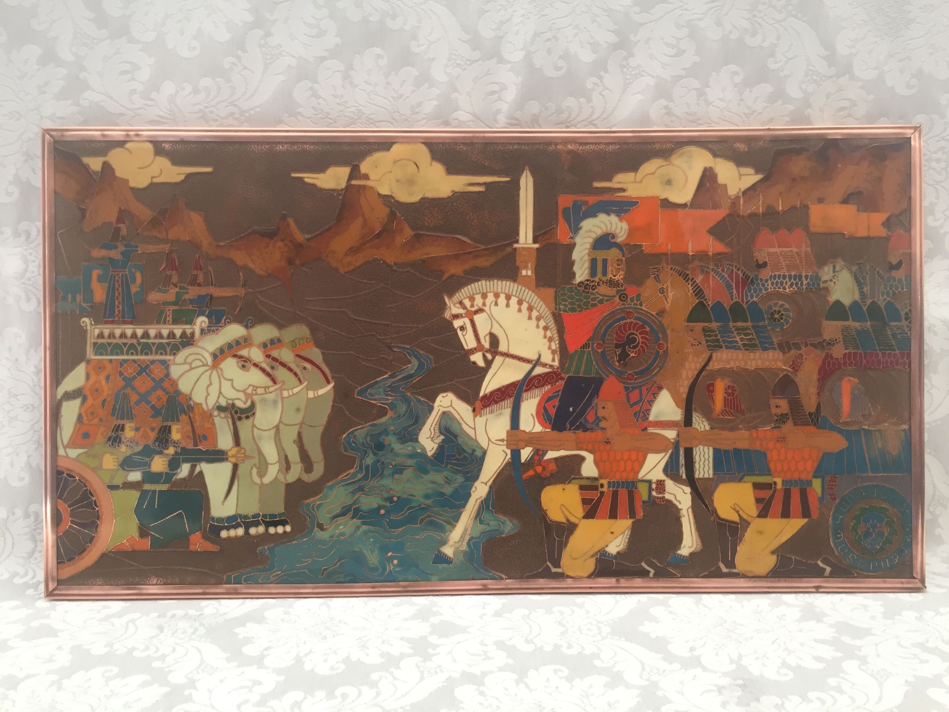 Plaque décorative arméniènne bataille d'avarayr cuivre emaux cloisonnés