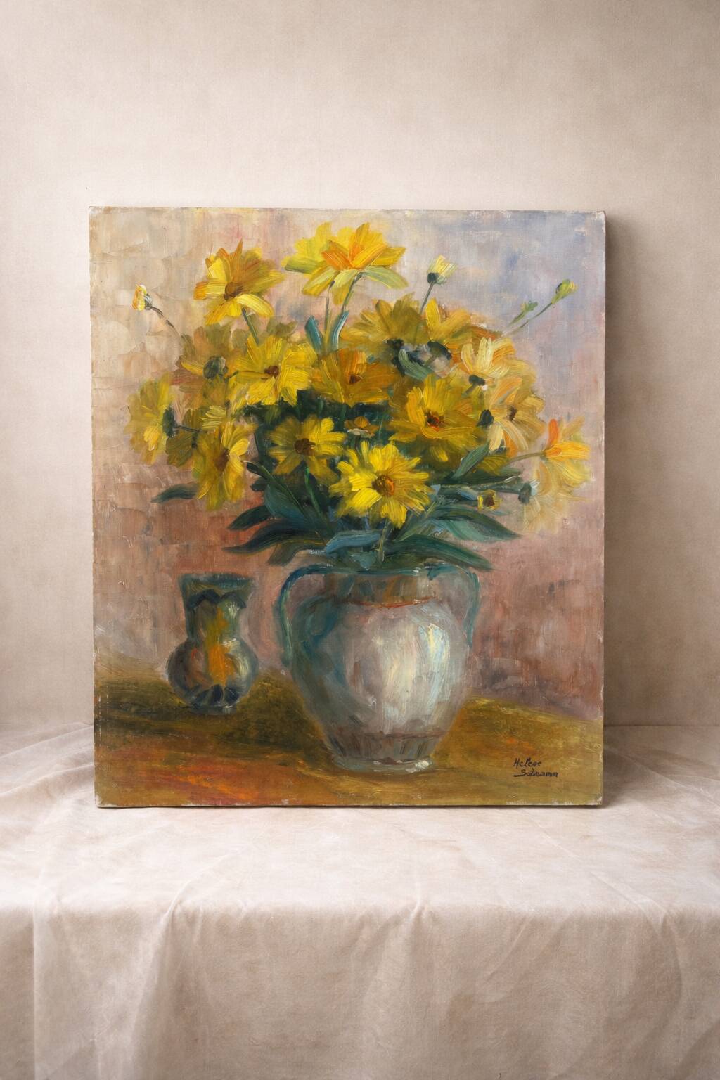 Still life with yellow flowers – oil on canvas signed H. Schramm – 46 x 3