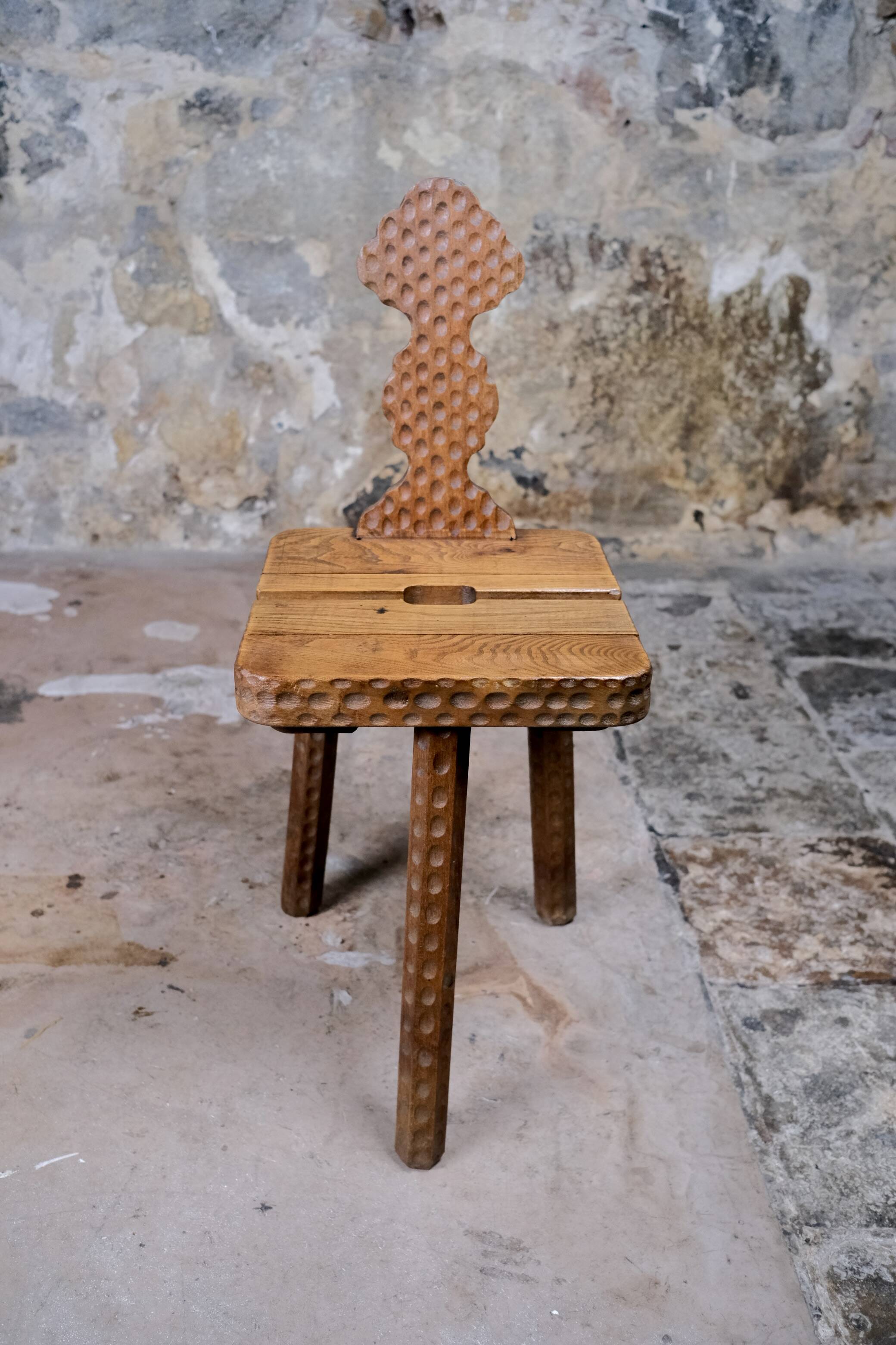 Pair of solid oak Breton chairs in folk art style