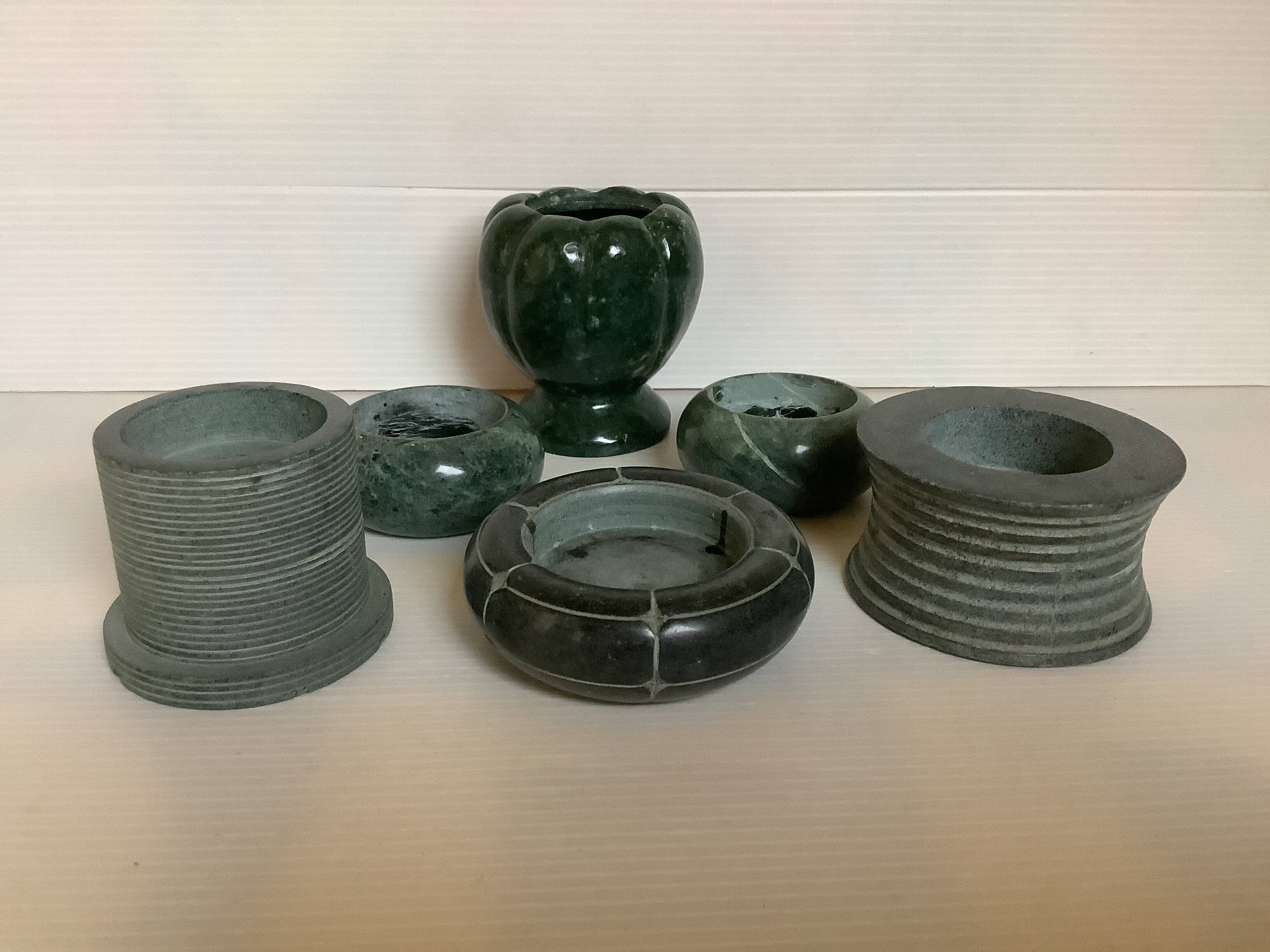 Six green marble candle holders