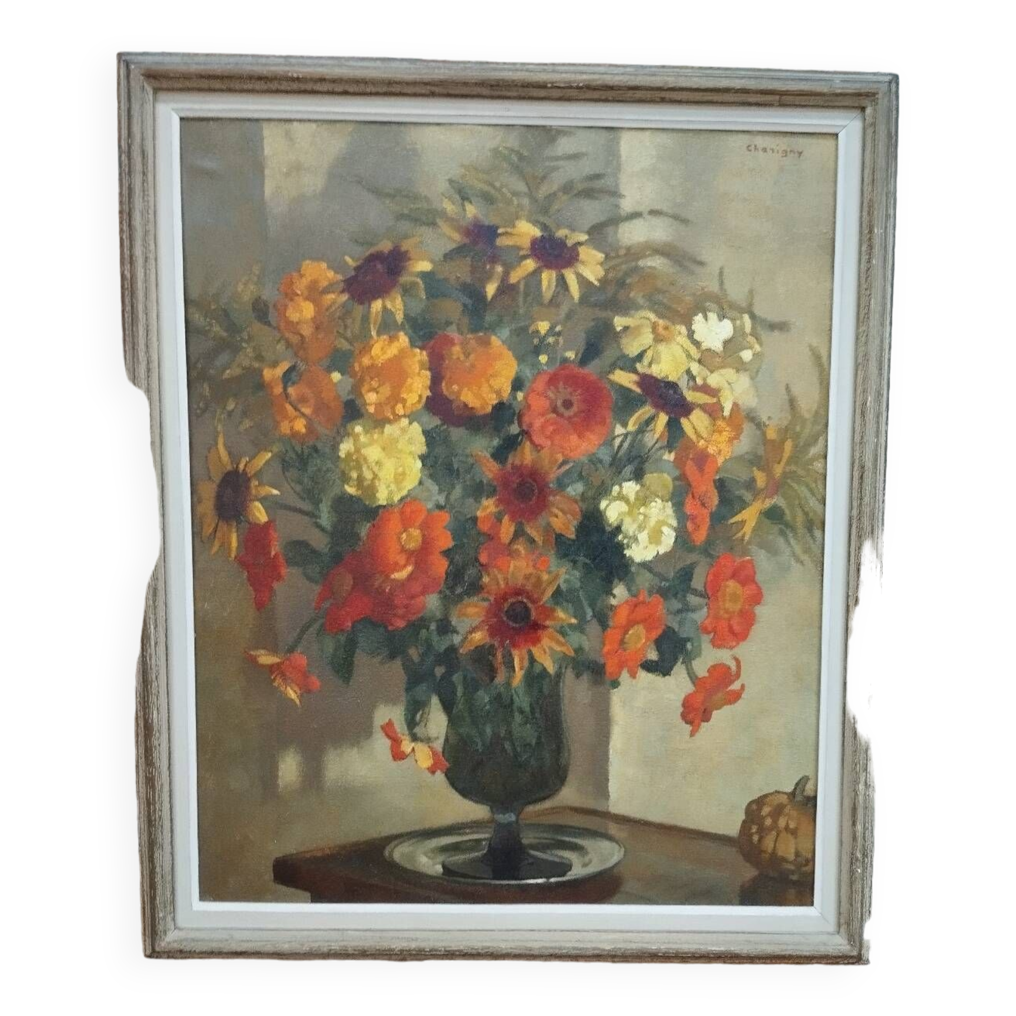 Painting "yellow bouquet of September" signed Charigny