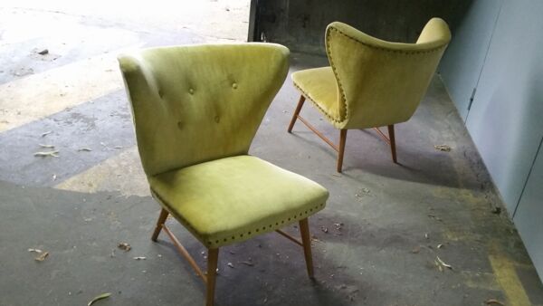 Trio de chauffeuses à oreilles wing chair danoise Elias Svedberg années 50/60 jaune vert