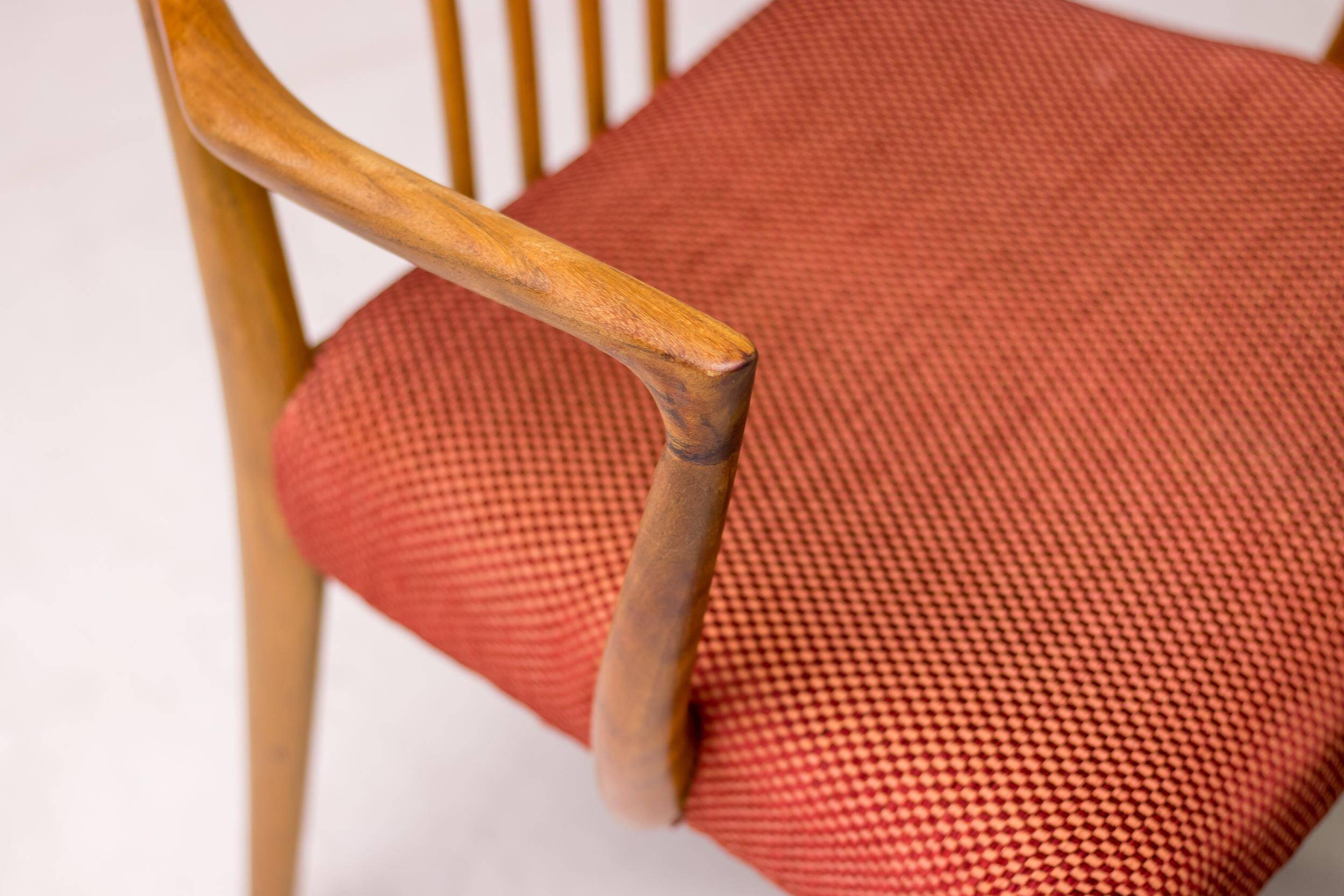 Set of six carved walnut dining chairs, Italy, 1955