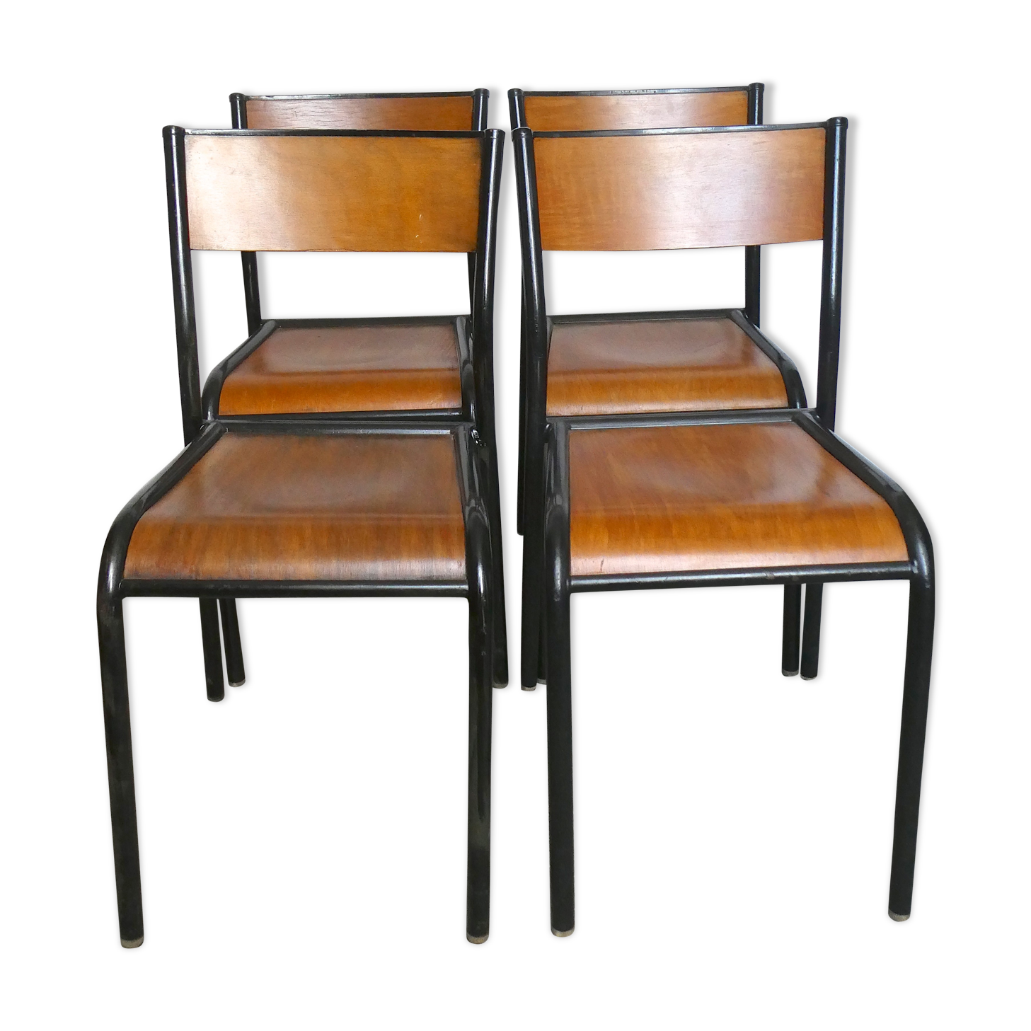 Lot of 4 adult school chairs, wood and black metal