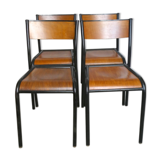 Lot of 4 adult school chairs, wood and black metal