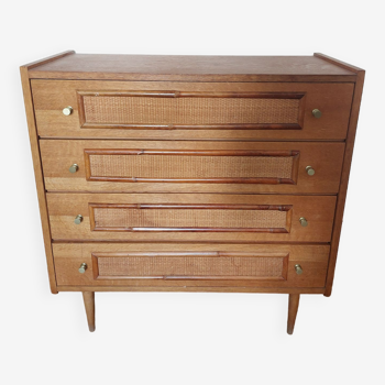 Vintage wood and rattan chest of drawers