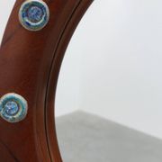 Round wooden mirror with turquoise ceramic studs by Deknudt, Belgium, 1960s