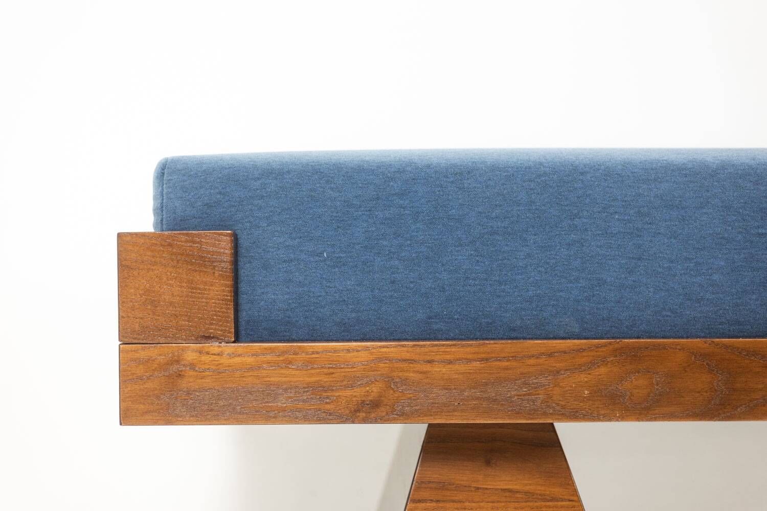 Bench in ash and glacier blue velvet. Contemporary.