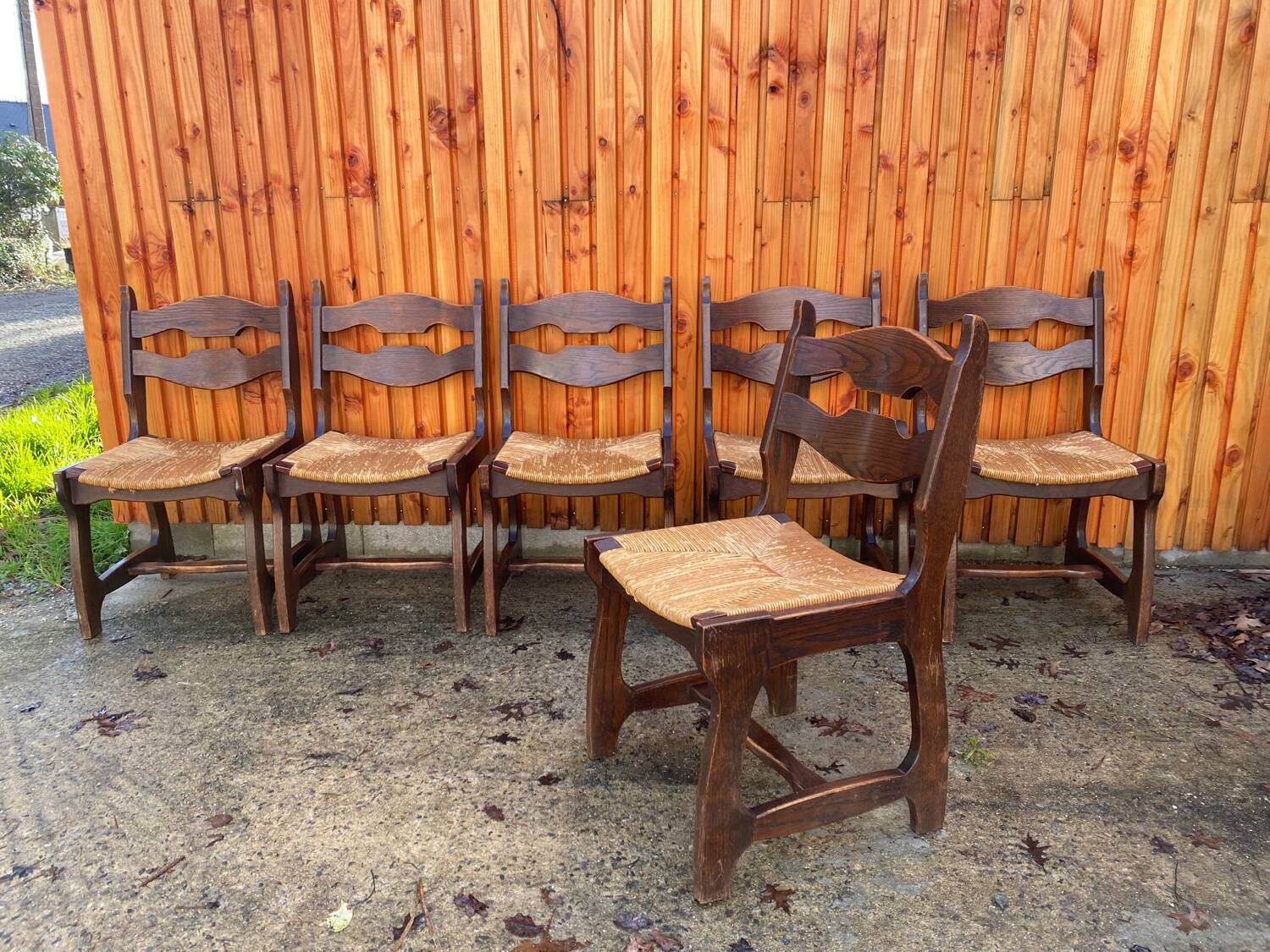 6 Guillerme and Chambron straw wood chairs