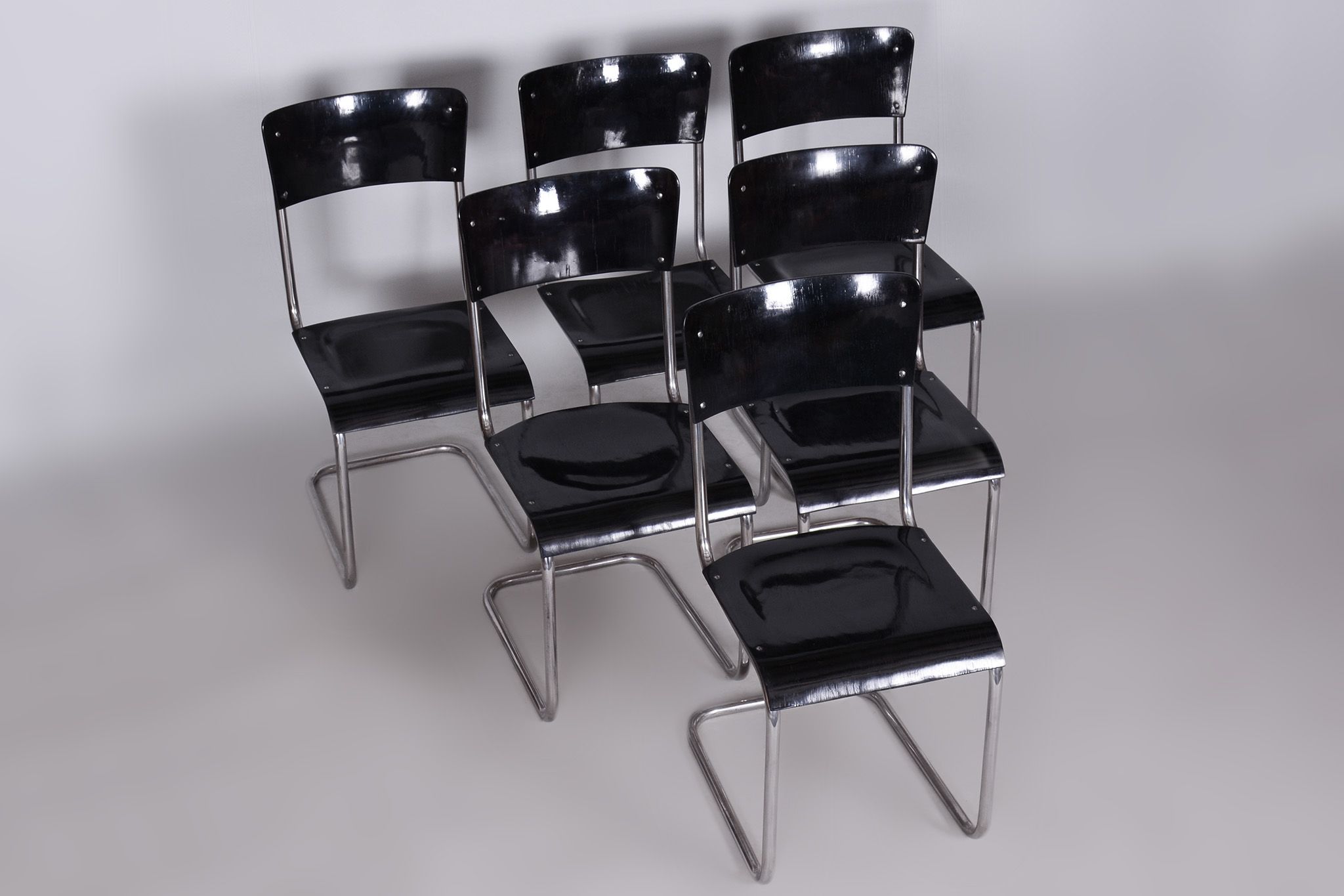 Set of 6 Vintage Bauhaus Chairs, Restored, Gloss, Vichr a Spol, Czechia, 1930s