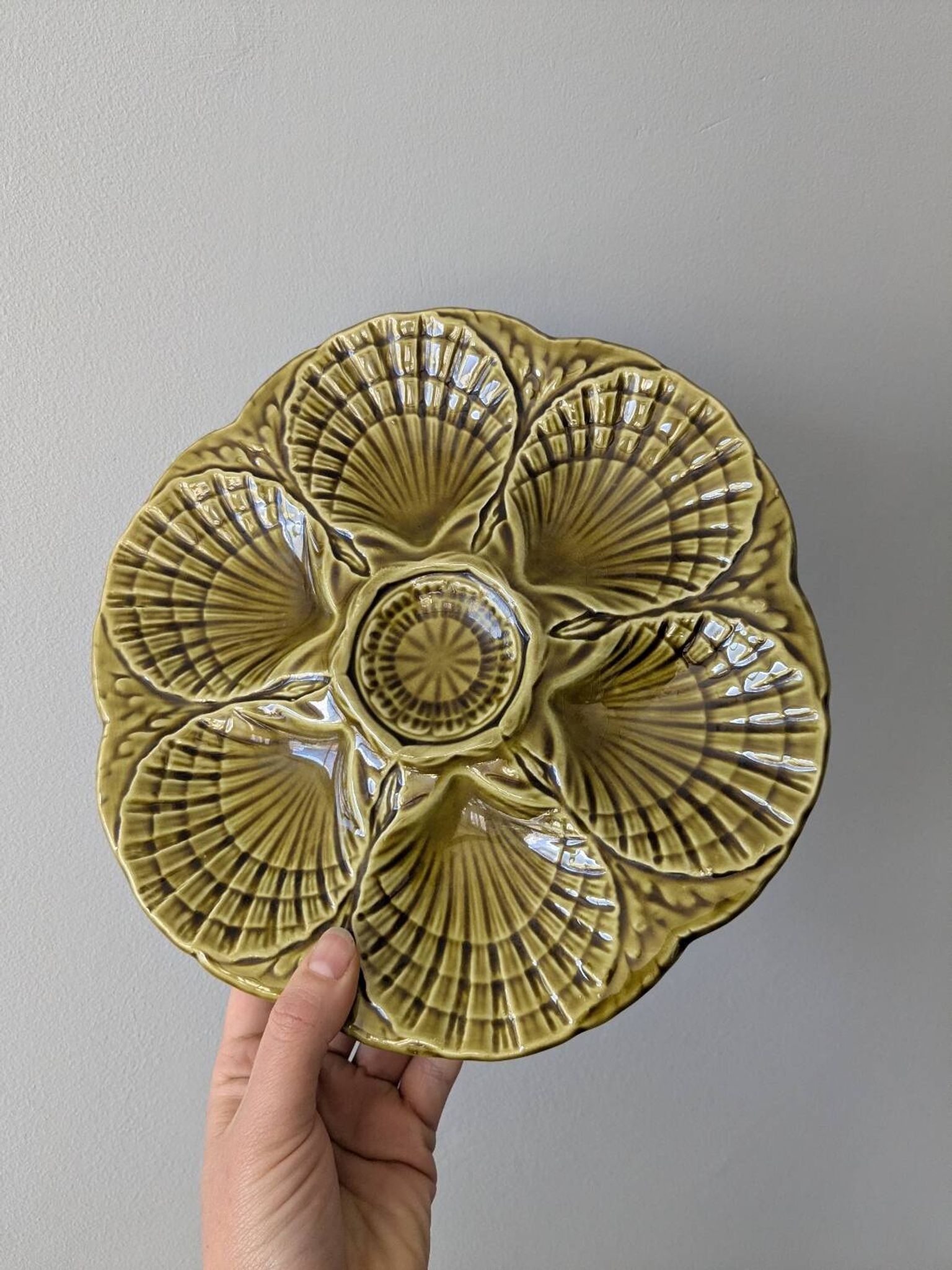 Set of 3 vintage green Sarreguemines majolica oyster plates.