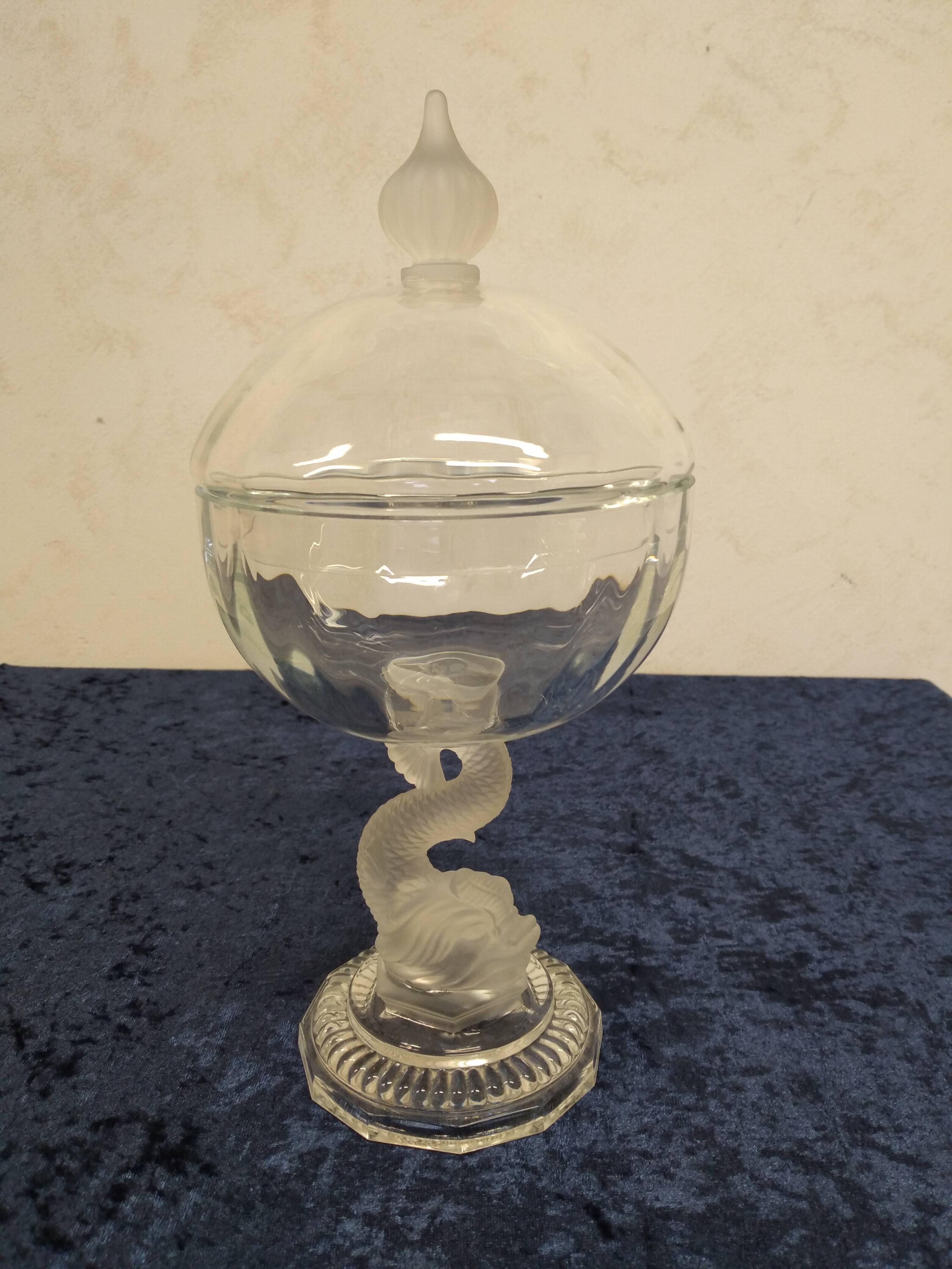 Bonbonnière ancienne en cristal et verre dépoli pied formant un poisson