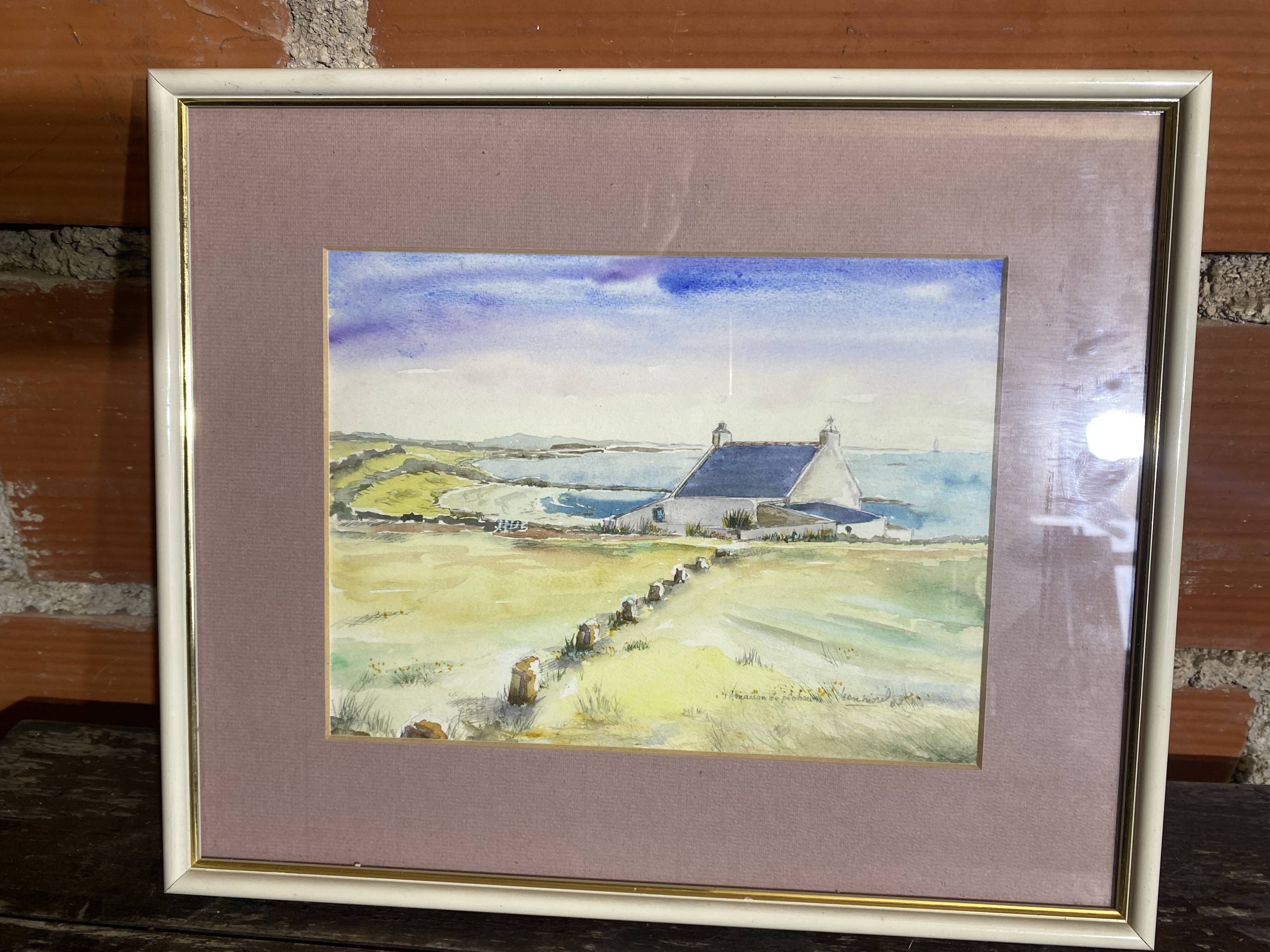 Aquarelle Sur Papier JEAN MOREL Vue Maison De Pêcheurs + Cadre Bois Blanc