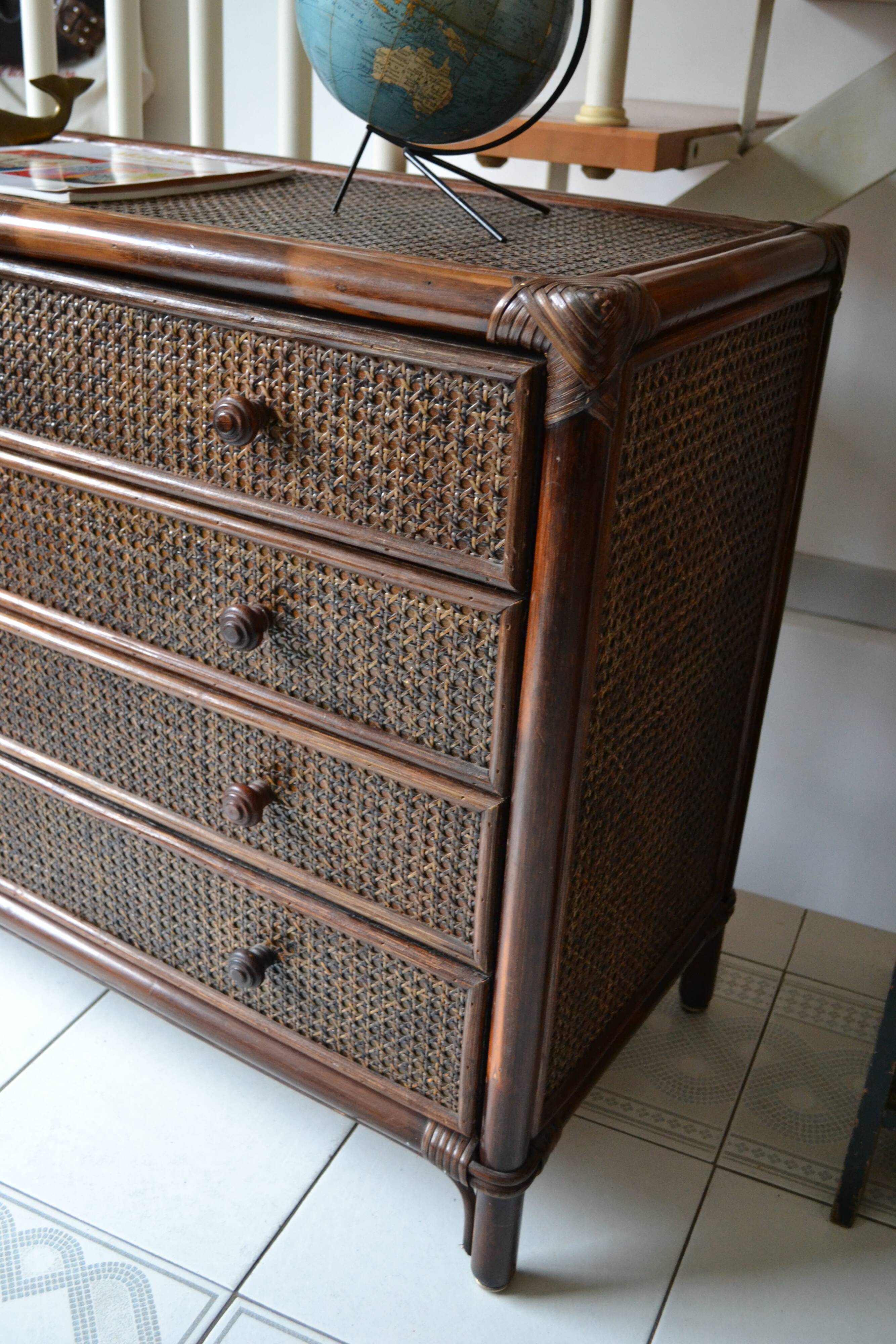 Vintage rattan bamboo chest of drawers