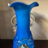 Clichy glass vase with floral decoration in intense blue tones and small years