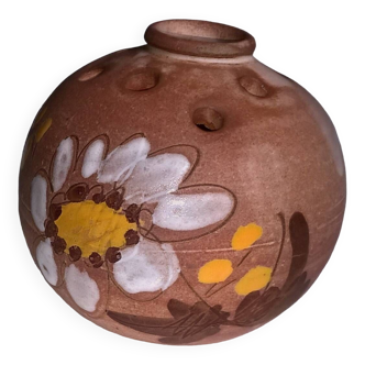 Vintage flower vase in enameled stoneware signed floral decoration
