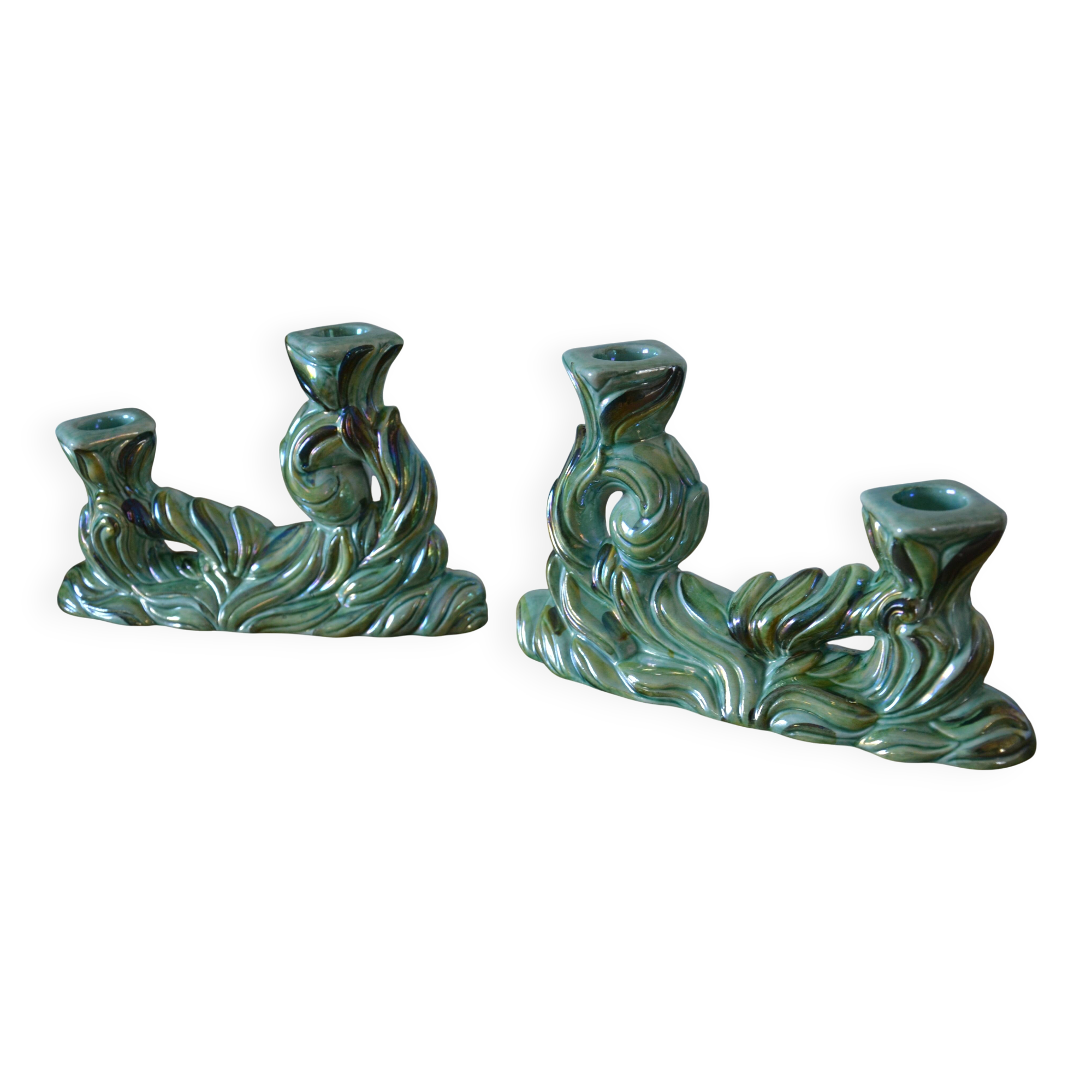 Pair of iridescent green ceramic Art Deco candlesticks
