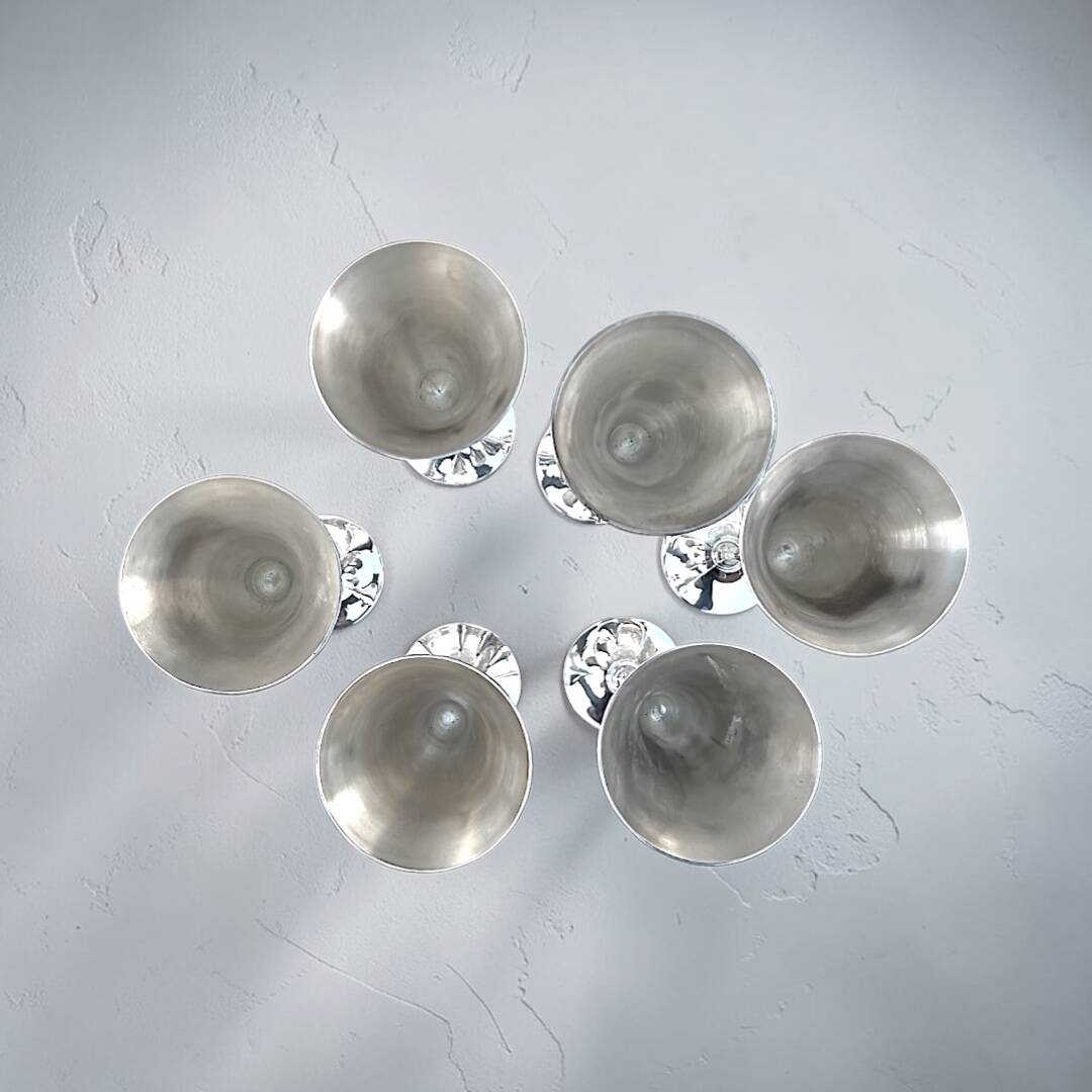 Set of six vintage chrome metal champagne flutes – 1970s