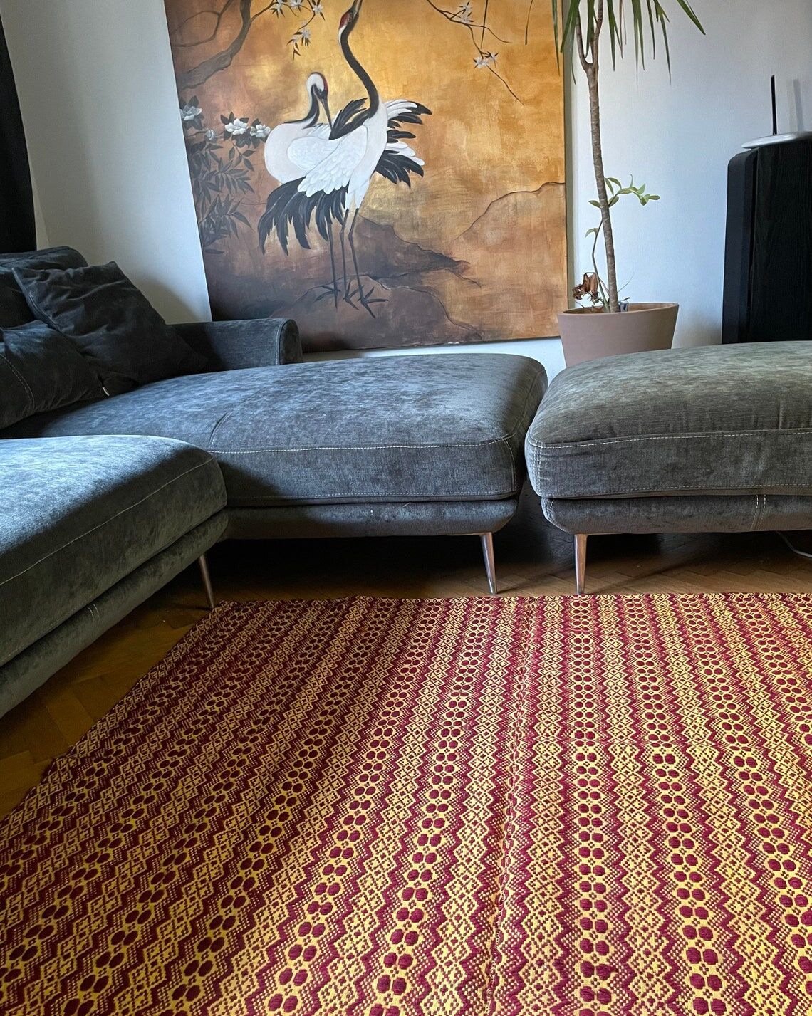 Vintage Romanian carpet brown design on yellow background 217x146cm