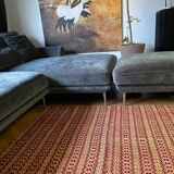 Vintage Romanian carpet brown design on yellow background 217x146cm