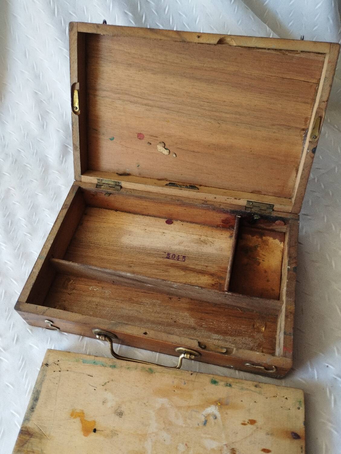 Old paint box wooden box with brass handle