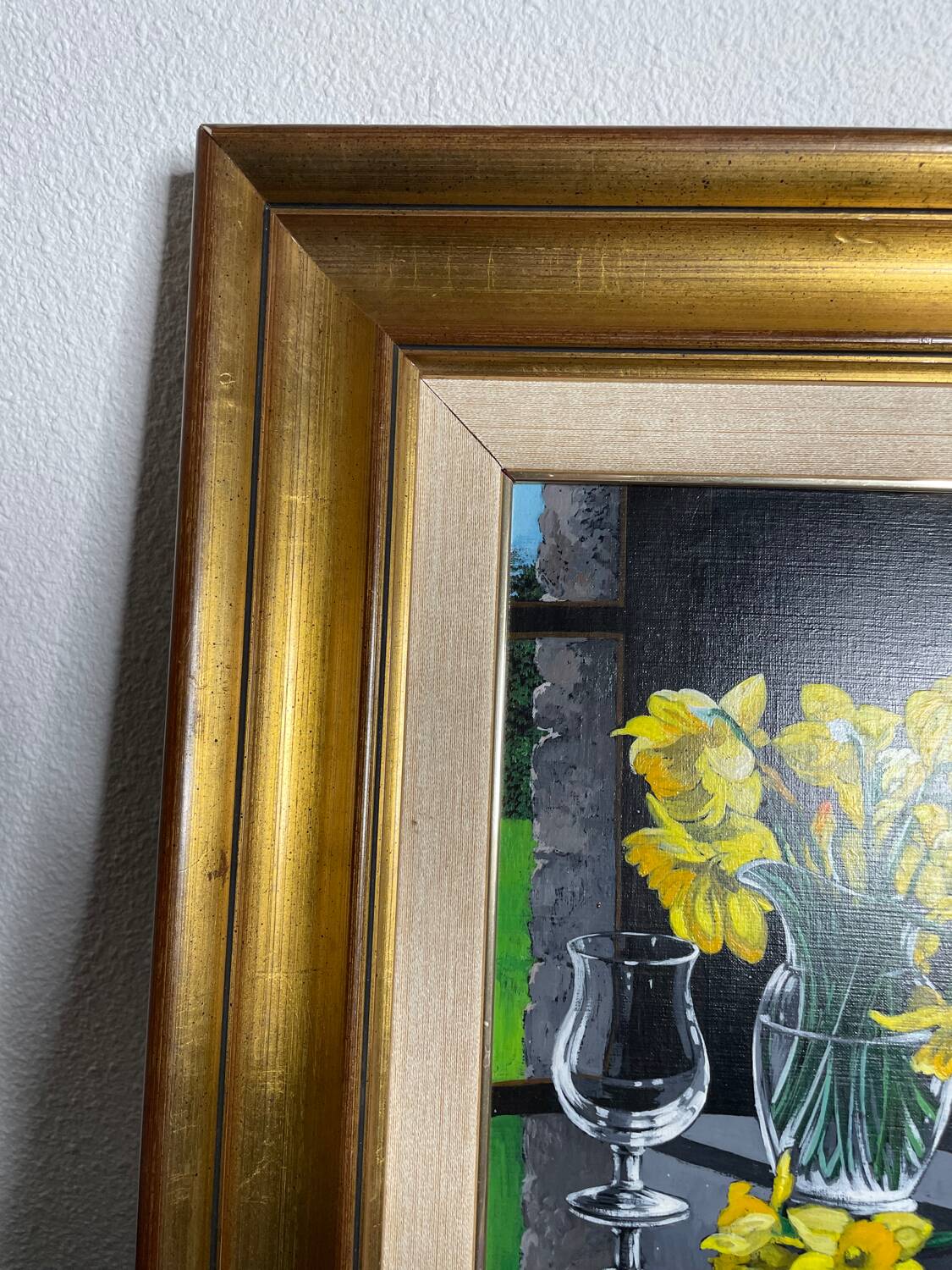 Oil on canvas signed Jordi Vall Escriu Yellow narcissus and two cups
