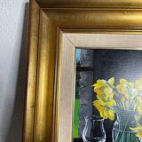 Oil on canvas signed Jordi Vall Escriu Yellow narcissus and two cups