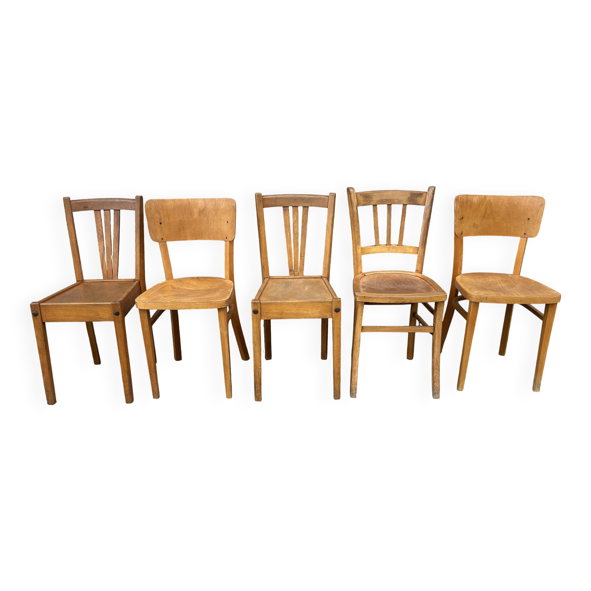 Set of 5 mismatched vintage blond wood bistro chairs