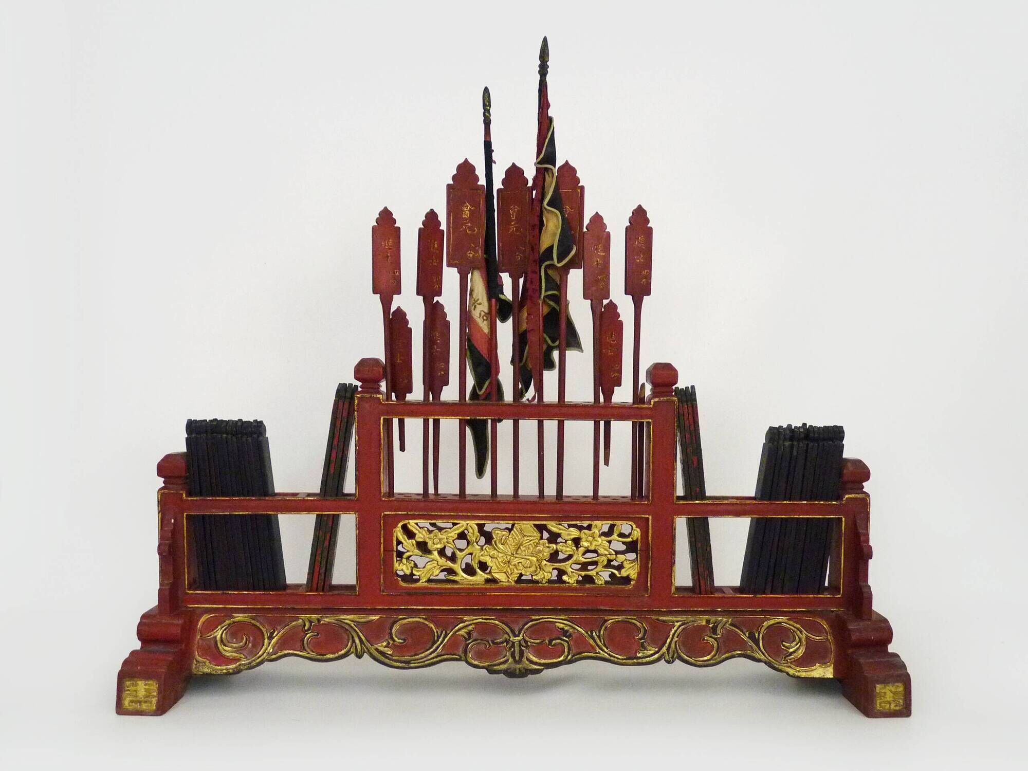 Antique Chinese board game in red and gold carved wood. 1950s