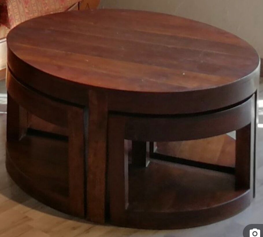 Exotic wood round bass table with wiggle stool