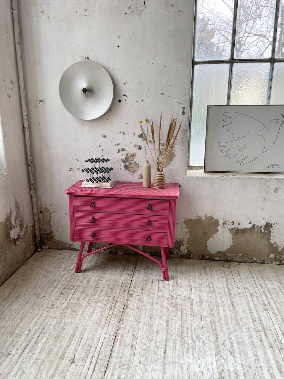 Vintage pink rattan chest of drawers